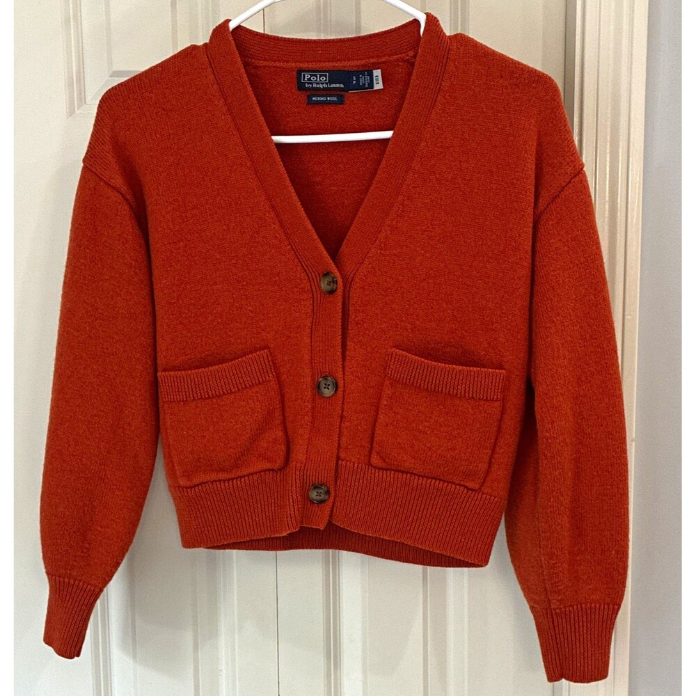 Polo Ralph Lauren Crop Womens S Orange Wool Knit Button Pocket Cardigan Sweater
